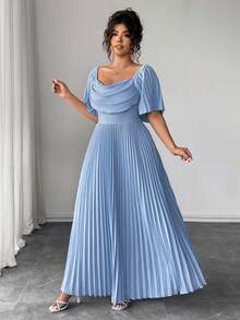 Elenzga Plus Size Elegant Solid Color Pleated Dress, Summer - Dusty Blue - View 6