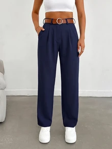 EURMUSE Women Solid Color Pleated Straight Loose Daily Casual Commuting Long Pants - Navy Blue - View 6