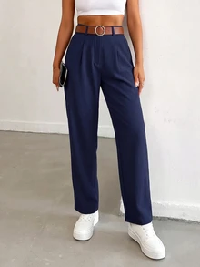 EURMUSE Women Solid Color Pleated Straight Loose Daily Casual Commuting Long Pants - Navy Blue - View 5