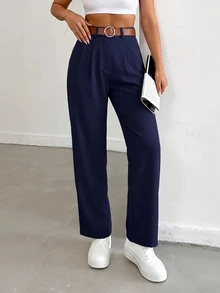 EURMUSE Women Solid Color Pleated Straight Loose Daily Casual Commuting Long Pants - Navy Blue - View 4