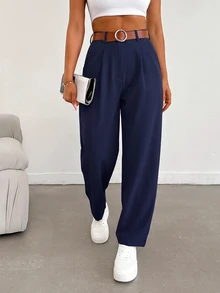 EURMUSE Women Solid Color Pleated Straight Loose Daily Casual Commuting Long Pants - Navy Blue - View 2