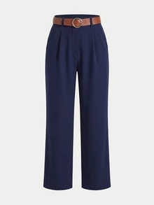 EURMUSE Women Solid Color Pleated Straight Loose Daily Casual Commuting Long Pants - Navy Blue - View 8