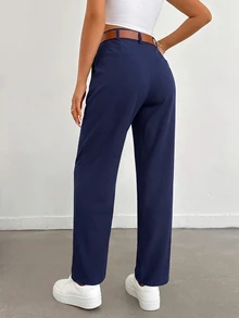 EURMUSE Women Solid Color Pleated Straight Loose Daily Casual Commuting Long Pants - Navy Blue - View 3