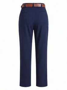 EURMUSE Women Solid Color Pleated Straight Loose Daily Casual Commuting Long Pants - Navy Blue - View 7