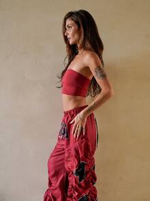 Nath Sonia Women's Summer Streetwear Ricing Athleisure Number Pattern Slim Fit Crop Tube Top And Wide Leg Joggers Red Two Pieces Outfits Elegant - Red - View 4