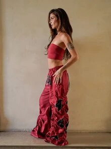 Nath Sonia Women's Summer Streetwear Ricing Athleisure Number Pattern Slim Fit Crop Tube Top And Wide Leg Joggers Red Two Pieces Outfits Elegant - Red - View 3