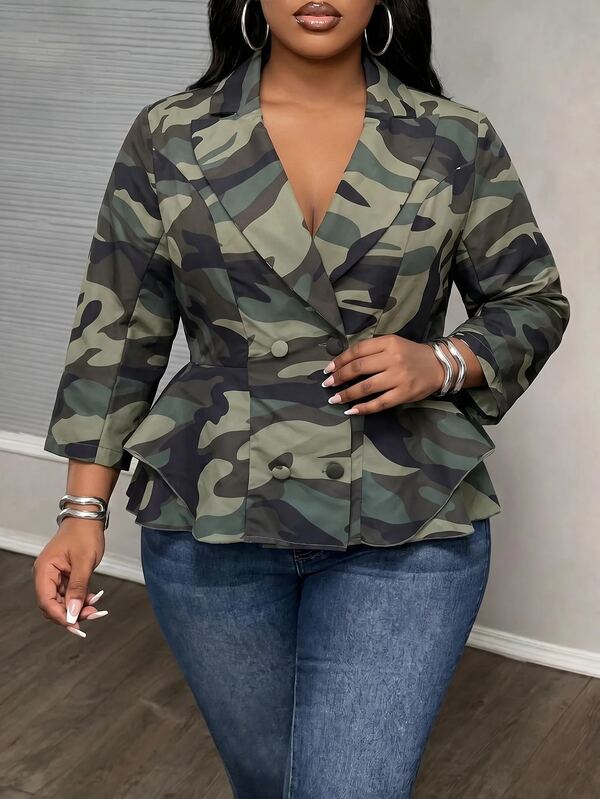 Slaydiva Große Größen Camouflage-Muster Knopf Langarm Mode Blazer
