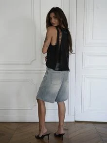 Nath Sonia Plain Knitted Cropped Washed Tank Top For Women Casual Black - Black - View 2