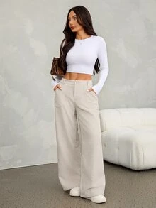SHEIN PETITE 女款低腰純色燈芯絨寬腿長褲 - 杏色 - 查看 7