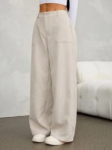 SHEIN PETITE 女款低腰純色燈芯絨寬腿長褲 - 杏色 - 查看 9
