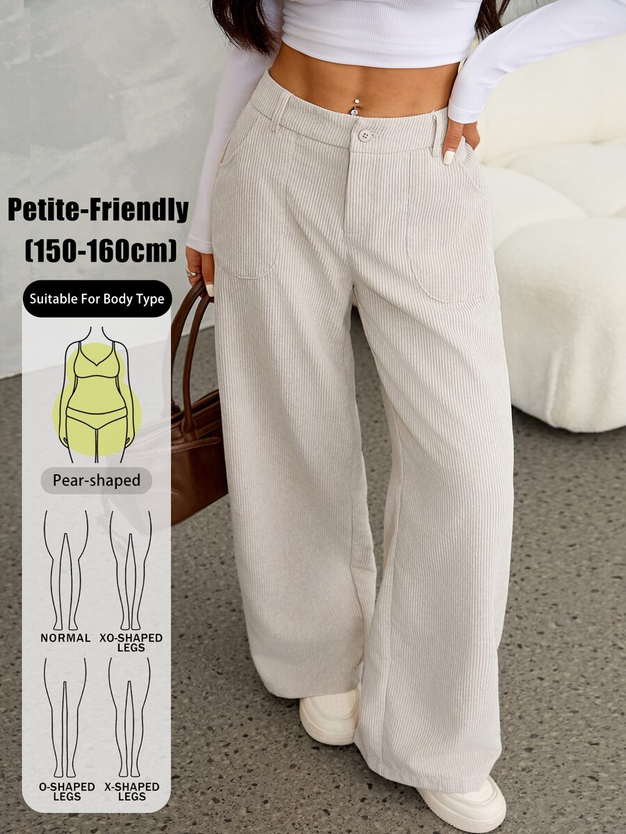 SHEIN PETITE 女款低腰純色燈芯絨寬腿長褲