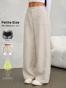SHEIN PETITE 女款低腰純色燈芯絨寬腿長褲 - 杏色 - 查看 10