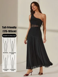 SHEIN Tall Black Lace Ruched Mesh Dress - Black - View 8