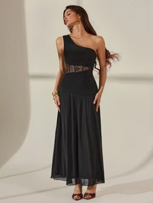 SHEIN Tall Black Lace Ruched Mesh Dress - Black - View 6