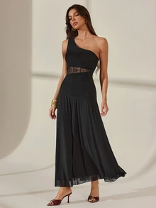SHEIN Tall Black Lace Ruched Mesh Dress - Black - View 7