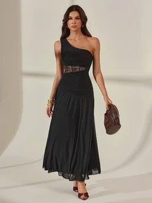 SHEIN Tall Black Lace Ruched Mesh Dress - Black - View 3