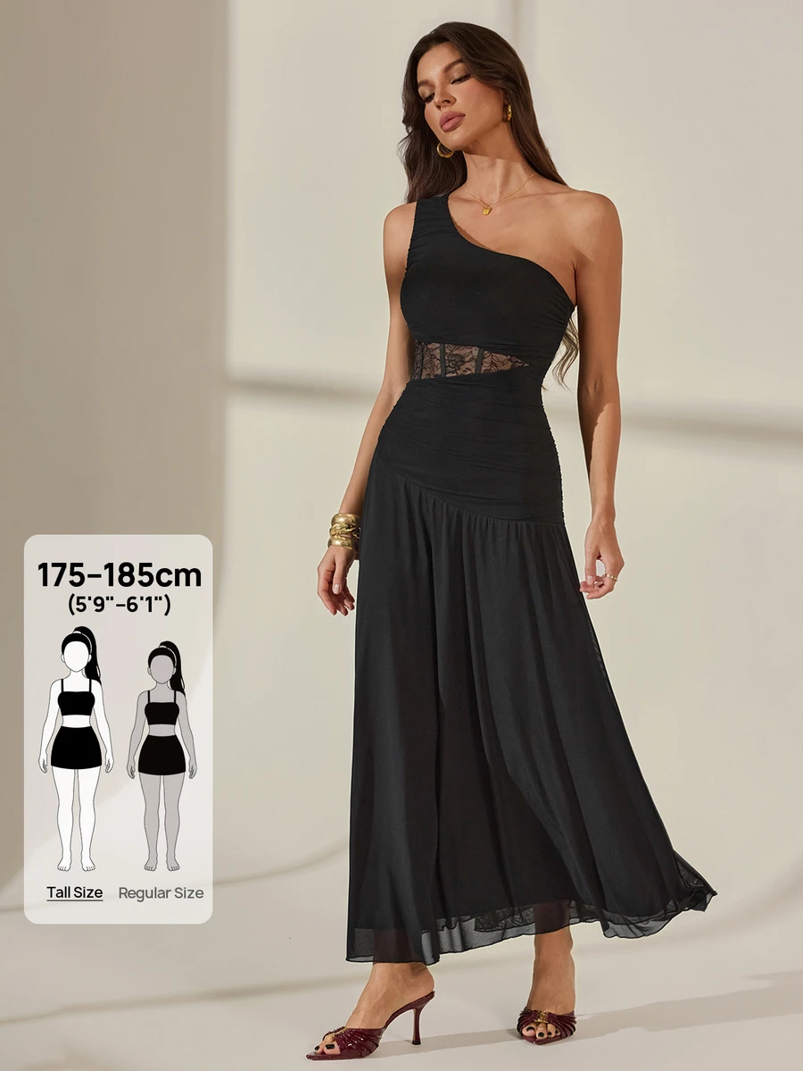 SHEIN Tall Black Lace Ruched Mesh Dress - Black - View 1