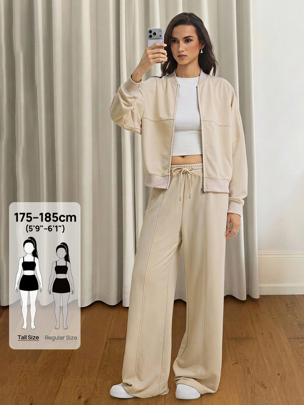 SHEIN Tall 2pcs Women Casual Sports Jacket And High Waist Stretch Pants Set, Autumn And Winter Travel Beige