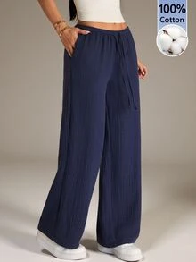 SHEIN PETITE Women's Textured Drawstring Waist Pocket Loose Casual Girlisim Long Pants Golf Pastal - Navy Blue - View 4