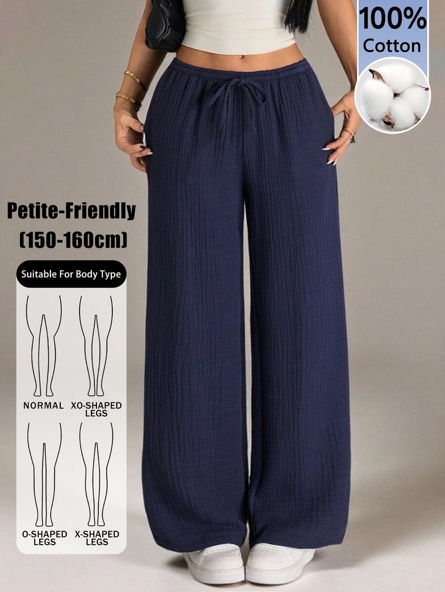 SHEIN PETITE Women's Textured Drawstring Waist Pocket Loose Casual Girlisim Long Pants Golf Pastal - Navy Blue - View 1