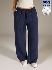 SHEIN PETITE Women's Textured Drawstring Waist Pocket Loose Casual Girlisim Long Pants Golf Pastal - Navy Blue - View 5