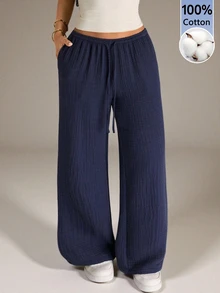 SHEIN PETITE Women's Textured Drawstring Waist Pocket Loose Casual Girlisim Long Pants Golf Pastal - Navy Blue - View 9