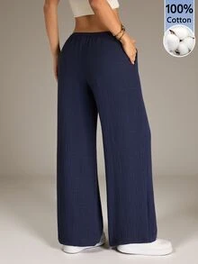SHEIN PETITE Women's Textured Drawstring Waist Pocket Loose Casual Girlisim Long Pants Golf Pastal - Navy Blue - View 2
