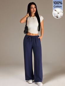 SHEIN PETITE Women's Textured Drawstring Waist Pocket Loose Casual Girlisim Long Pants Golf Pastal - Navy Blue - View 6