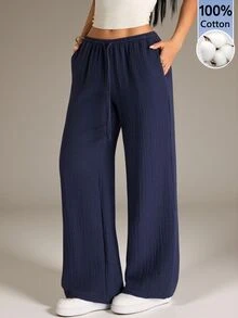 SHEIN PETITE Women's Textured Drawstring Waist Pocket Loose Casual Girlisim Long Pants Golf Pastal - Navy Blue - View 10