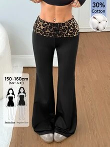 SHEIN PETITE 豹紋摺腰喇叭褲 - 黑色 - 查看 11
