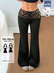SHEIN PETITE 豹紋摺腰喇叭褲 - 黑色 - 查看 13