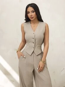 SHEIN PETITE 女款純色V領單排扣背心與長褲休閒日常辦公商務通勤教師節套裝 卡其色 秋季 - 卡其色 - 查看 6