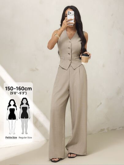 SHEIN PETITE Women's Solid Color V-Neck Single-Breasted Vest And Long Pants Casual Daily Commute Travel Suit Set