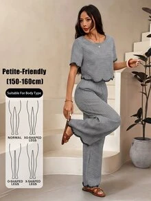 SHEIN PETITE 2件組女款夏季休閒黑白格紋對比色圓領短袖上衣與長褲套裝 - 黑與白 - 查看 12