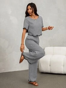 SHEIN PETITE 2件組女款夏季休閒黑白格紋對比色圓領短袖上衣與長褲套裝 - 黑與白 - 查看 5