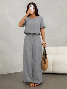 SHEIN PETITE 2件組女款夏季休閒黑白格紋對比色圓領短袖上衣與長褲套裝 - 黑與白 - 查看 6