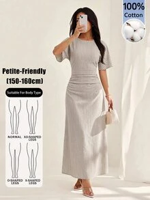 SHEIN PETITE 女款夏季純色亞麻混紡休閒優雅洋裝，棉混紡舒適 - 杏色 - 查看 11