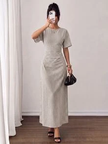 SHEIN PETITE 女款夏季純色亞麻混紡休閒優雅洋裝，棉混紡舒適 - 杏色 - 查看 4