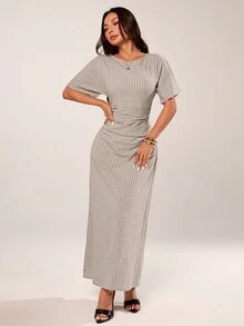 SHEIN PETITE 女款夏季純色亞麻混紡休閒優雅洋裝，棉混紡舒適 - 杏色 - 查看 10