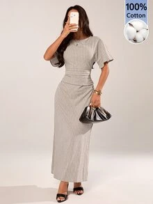 SHEIN PETITE 女款夏季純色亞麻混紡休閒優雅洋裝，棉混紡舒適 - 杏色 - 查看 7