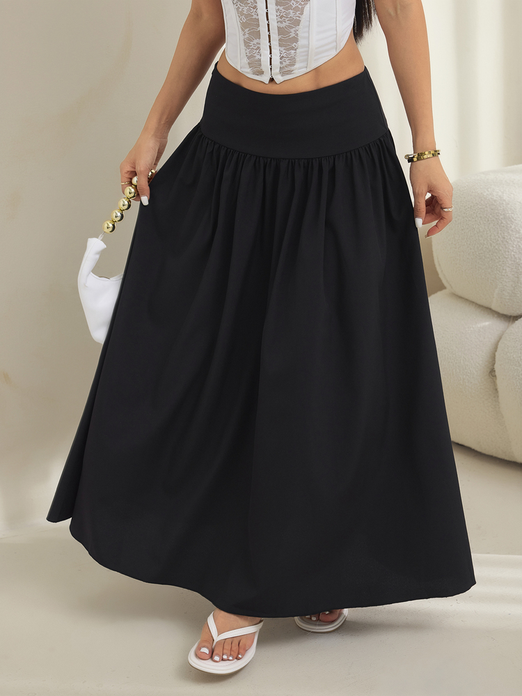 SHEIN PETITE Women's Solid Color Pleated Elegant Casual Commuter Vacation Umbrella Skirt Black Summer - Black - View 6
