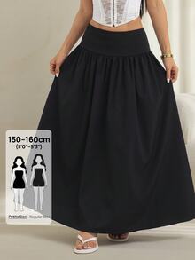 SHEIN PETITE 女款素色百褶優雅通勤傘裙 - 黑色 - 查看 1