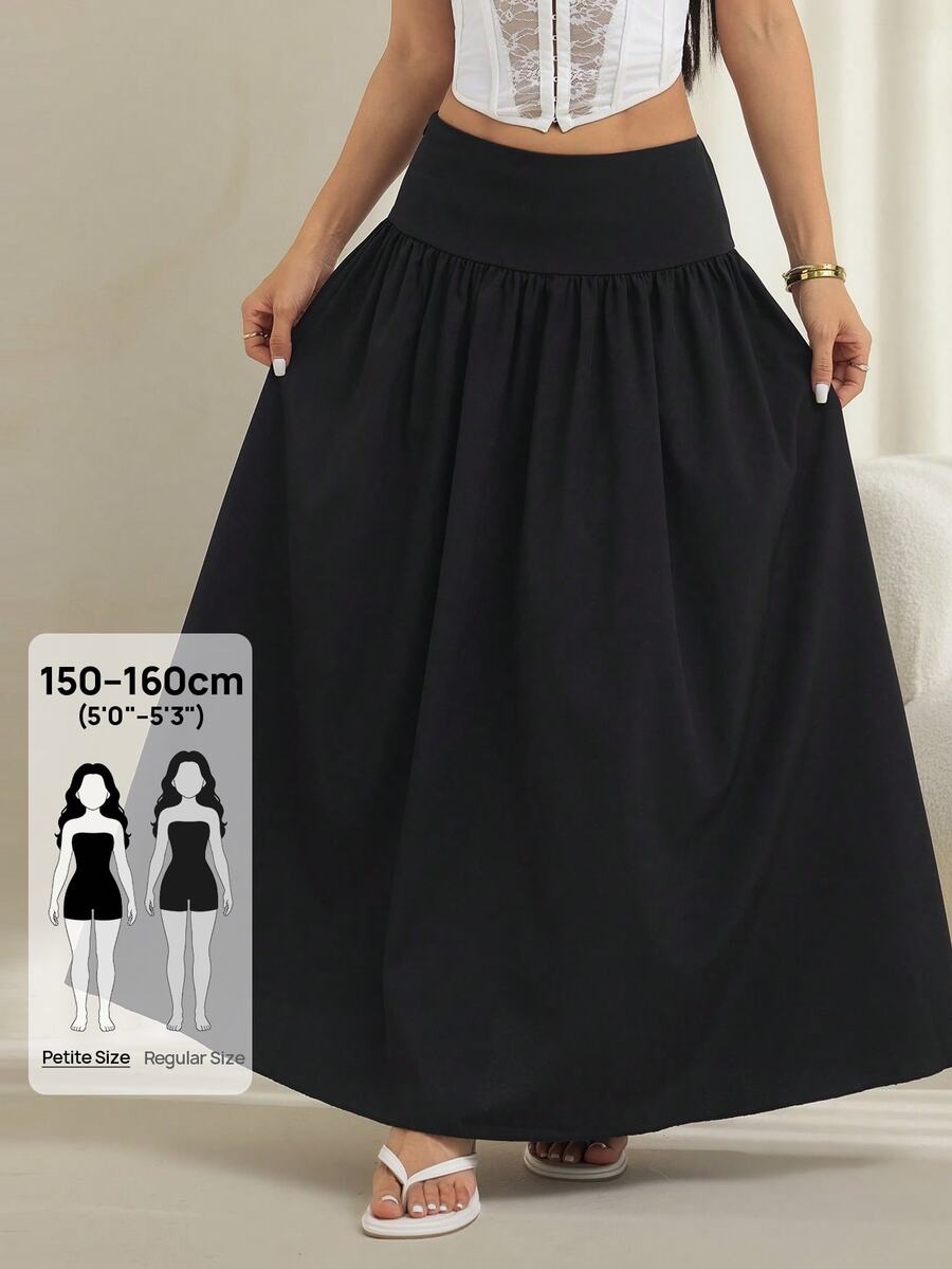 SHEIN PETITE 女款素色百褶優雅通勤傘裙 - 黑色 - 查看 1