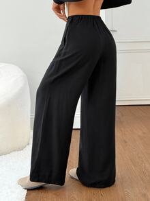 SHEIN PETITE 女款黑色純色亞麻低腰直筒休閒長褲，適合度假 - 黑色 - 查看 2
