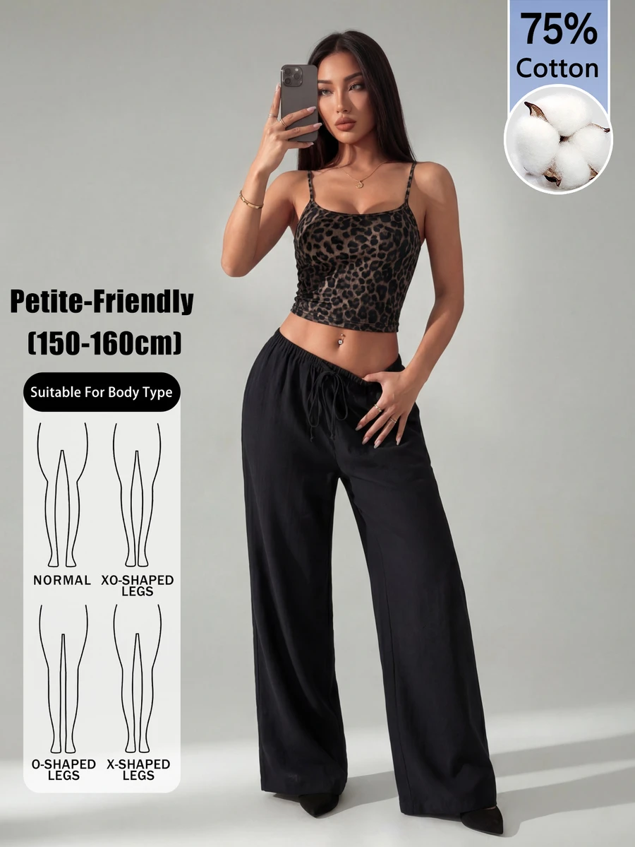 SHEIN PETITE 女款黑色純色亞麻低腰直筒休閒長褲,適合度假 - 黑色 - 查看 1