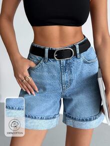 SHEIN Cottnline Mid Waist Snow Wash Folded Hem Denim Short Women's Clothes Women's Summer Clothes Women Summer Picnic Vacation Aqua Blue Casual - Light Wash - View 3