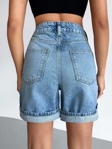 SHEIN Cottnline Mid Waist Snow Wash Folded Hem Denim Short Women's Clothes Women's Summer Clothes Women Summer Picnic Vacation Aqua Blue Casual - Light Wash - View 4