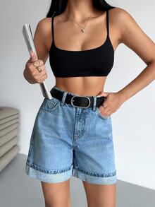 SHEIN Cottnline Mid Waist Snow Wash Folded Hem Denim Short Women's Clothes Women's Summer Clothes Women Summer Picnic Vacation Aqua Blue Casual - Light Wash - View 2