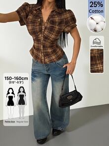 SHEIN PETITE Kemeja Lengan Pendek Wanita Kasual Motif Kotak-kotak dengan Kancing Depan dan Pinggang Berkerut, Musim Panas, Atasan Musim Panas - Coklat - View 6