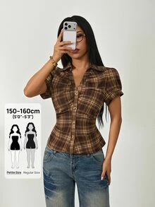 SHEIN PETITE Kemeja Lengan Pendek Wanita Kasual Motif Kotak-kotak dengan Kancing Depan dan Pinggang Berkerut, Musim Panas, Atasan Musim Panas - Coklat - View 3